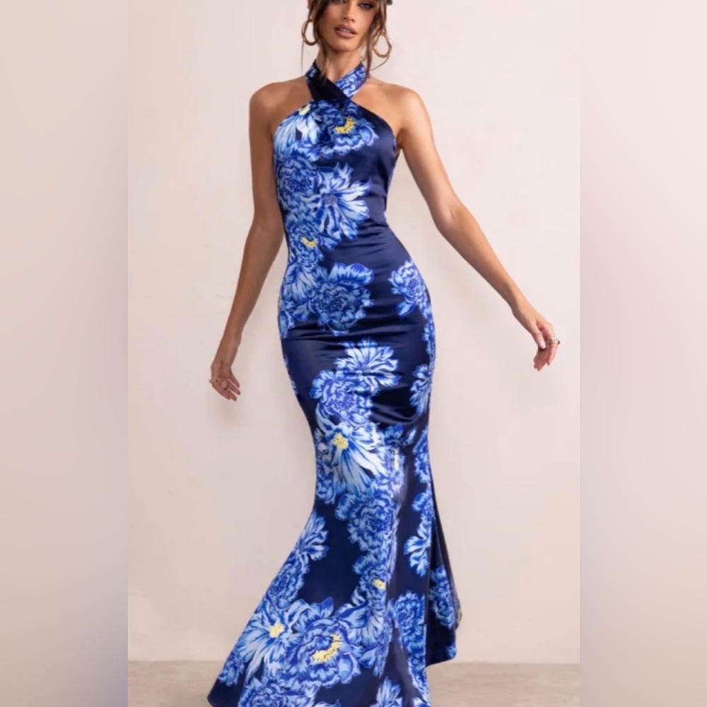 Unstoppable Blue Floral Print Satin Crossover Halter Neck Maxi Dress